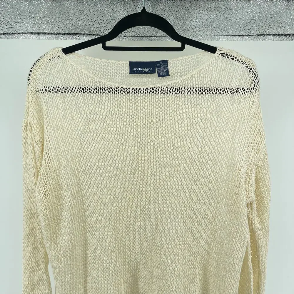 Liz Claiborne LIZSPORT Women’s Creme Fishnet Crochet Knit Pullover Sweater XL - Picture 2 of 10